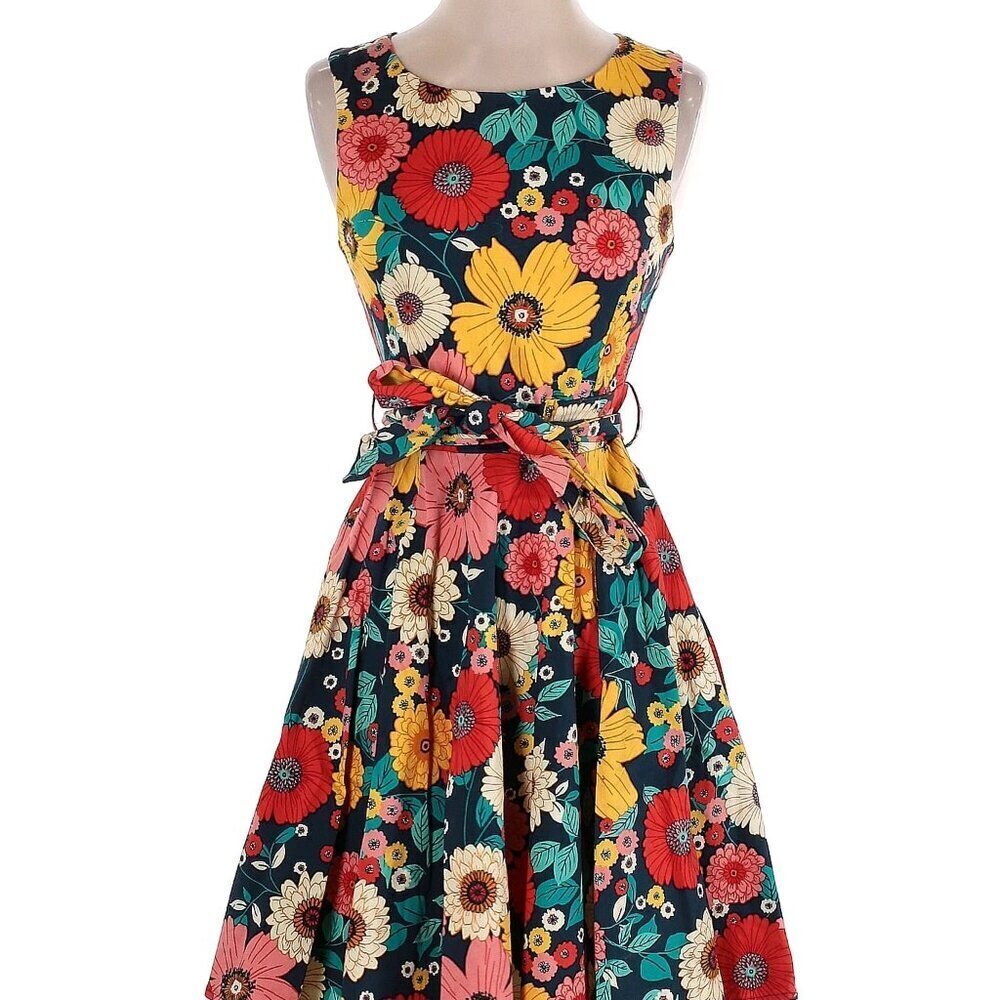 Modcloth Teal Floral Fit-and-Flare Cotton Dress with Yellow, Coral, White Flower - Picture 3 of 4